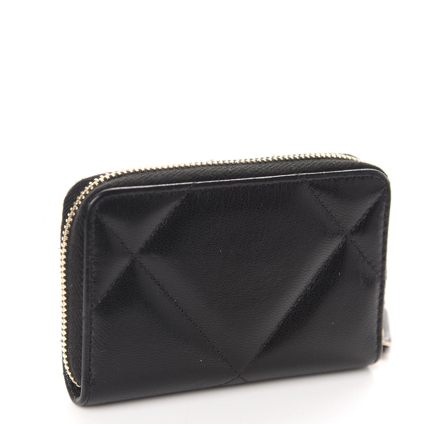 Shiny Goatskin Quilted Chanel 19 Zip Around Coin Purse Wallet Black