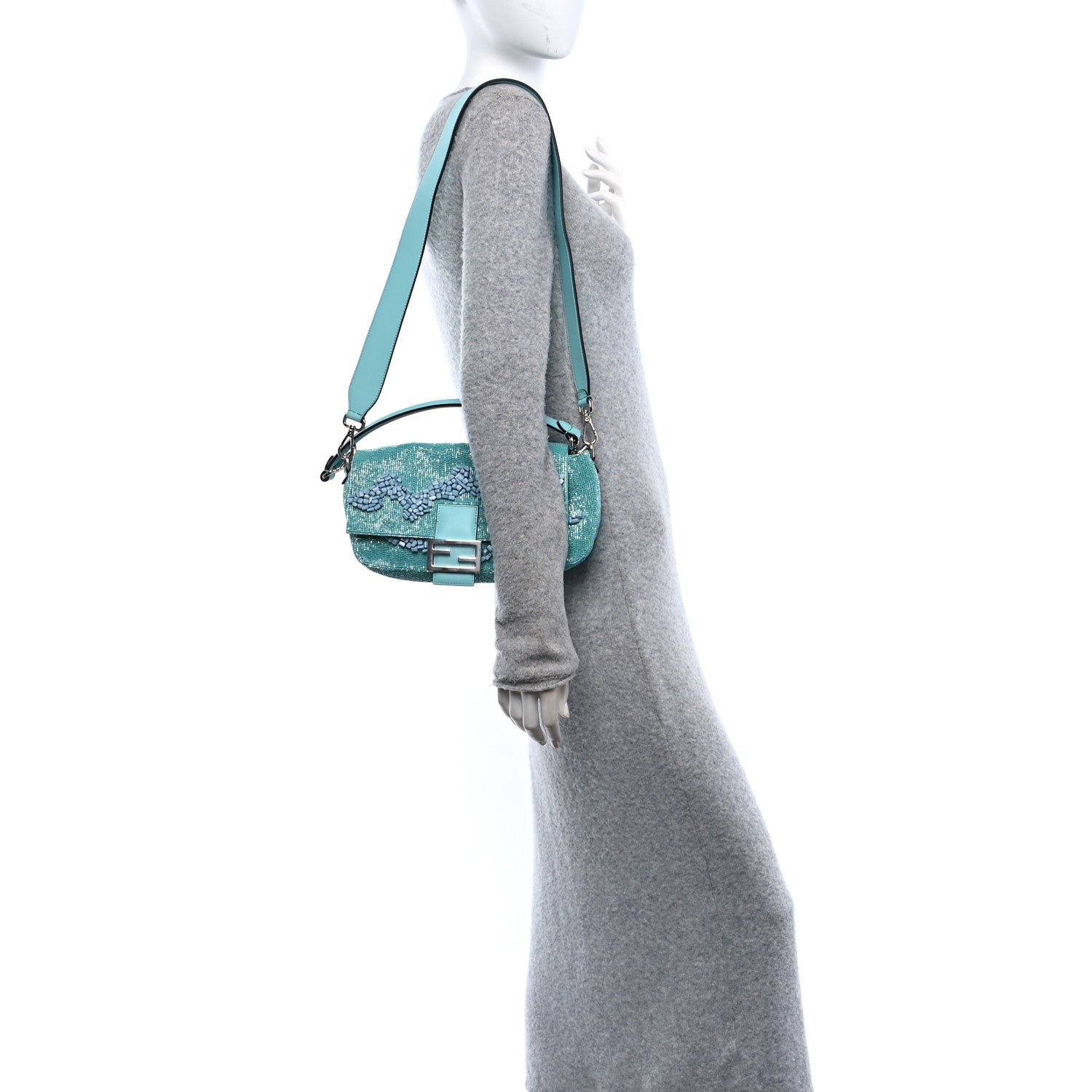 Fendi Rolling Stone Vitello Seta Bead Embroidered Re-Edition Baguette Spring Turquoise 2 of 10