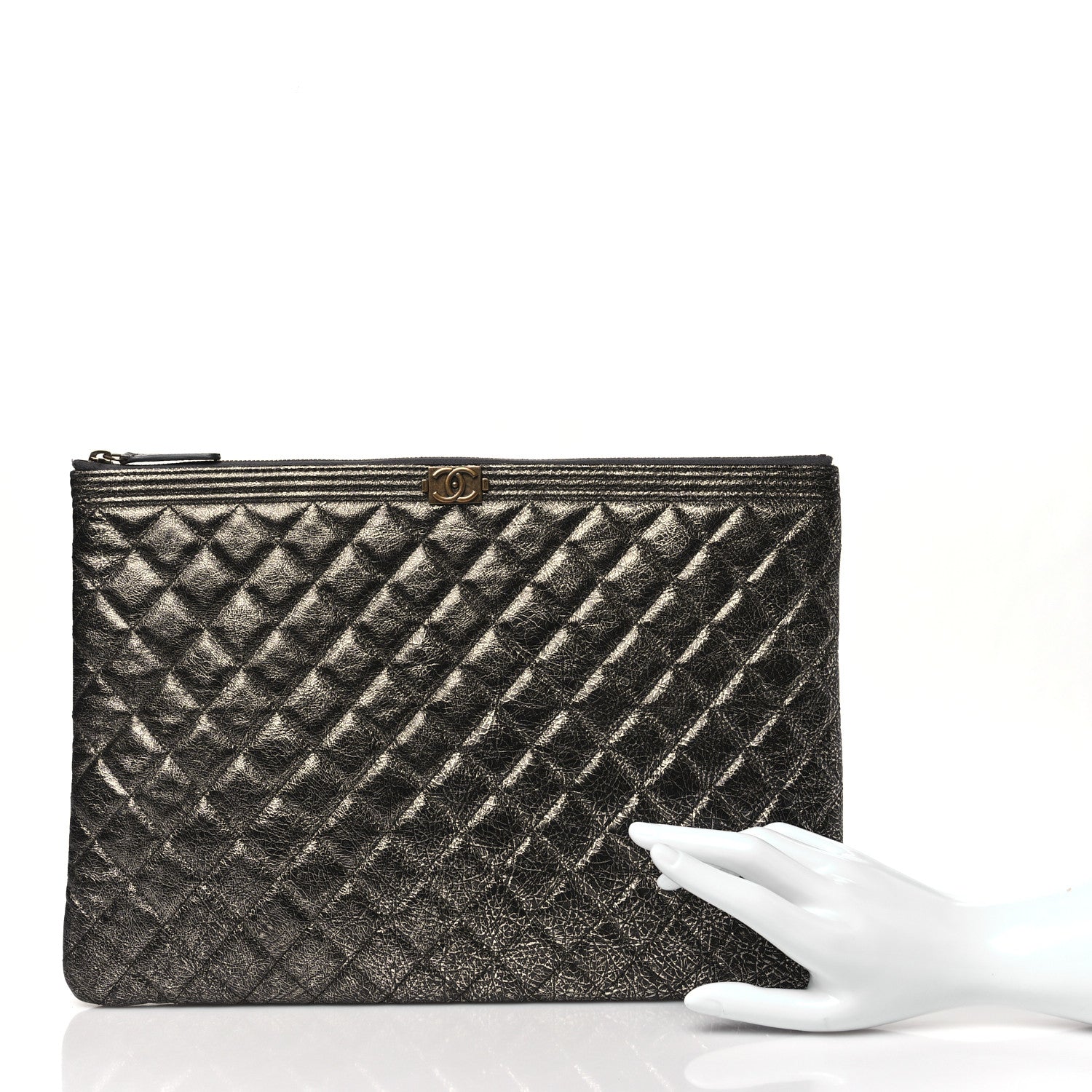 Chanel Cracked Metallic Calfskin Quilted Large Boy Cosmetic Case Dark Silver 2 of 11