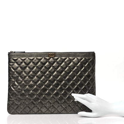 Chanel Cracked Metallic Calfskin Quilted Large Boy Cosmetic Case Dark Silver 2 of 11