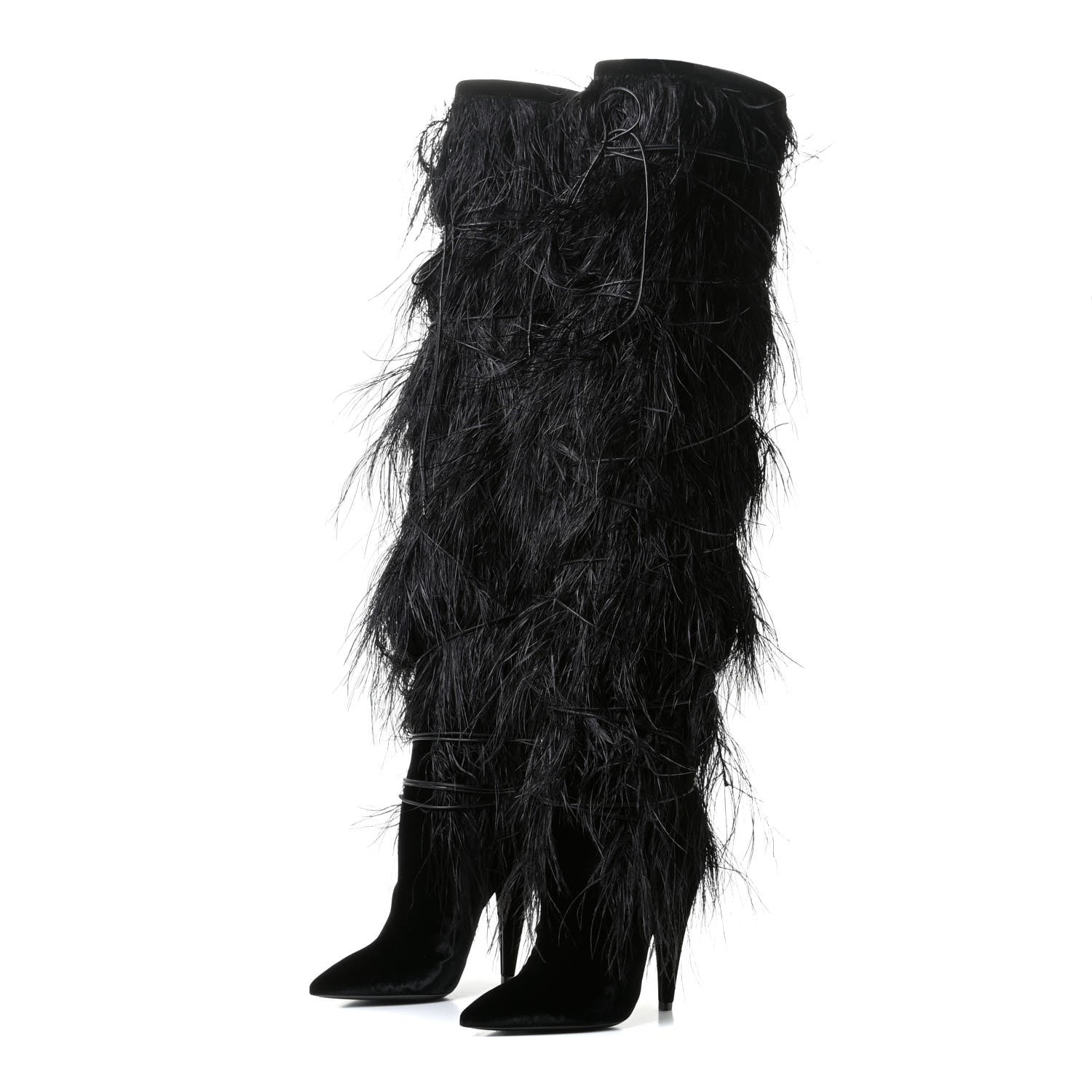 Saint Laurent Velluto Master Ostrich Yeti 110 Over The Knee Boots 38.5 Black 2 of 11