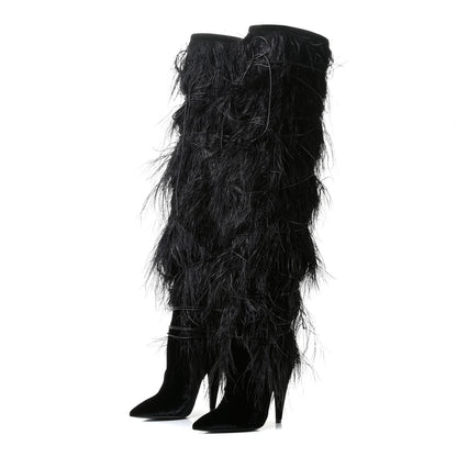 Saint Laurent Velluto Master Ostrich Yeti 110 Over The Knee Boots 38.5 Black 2 of 11