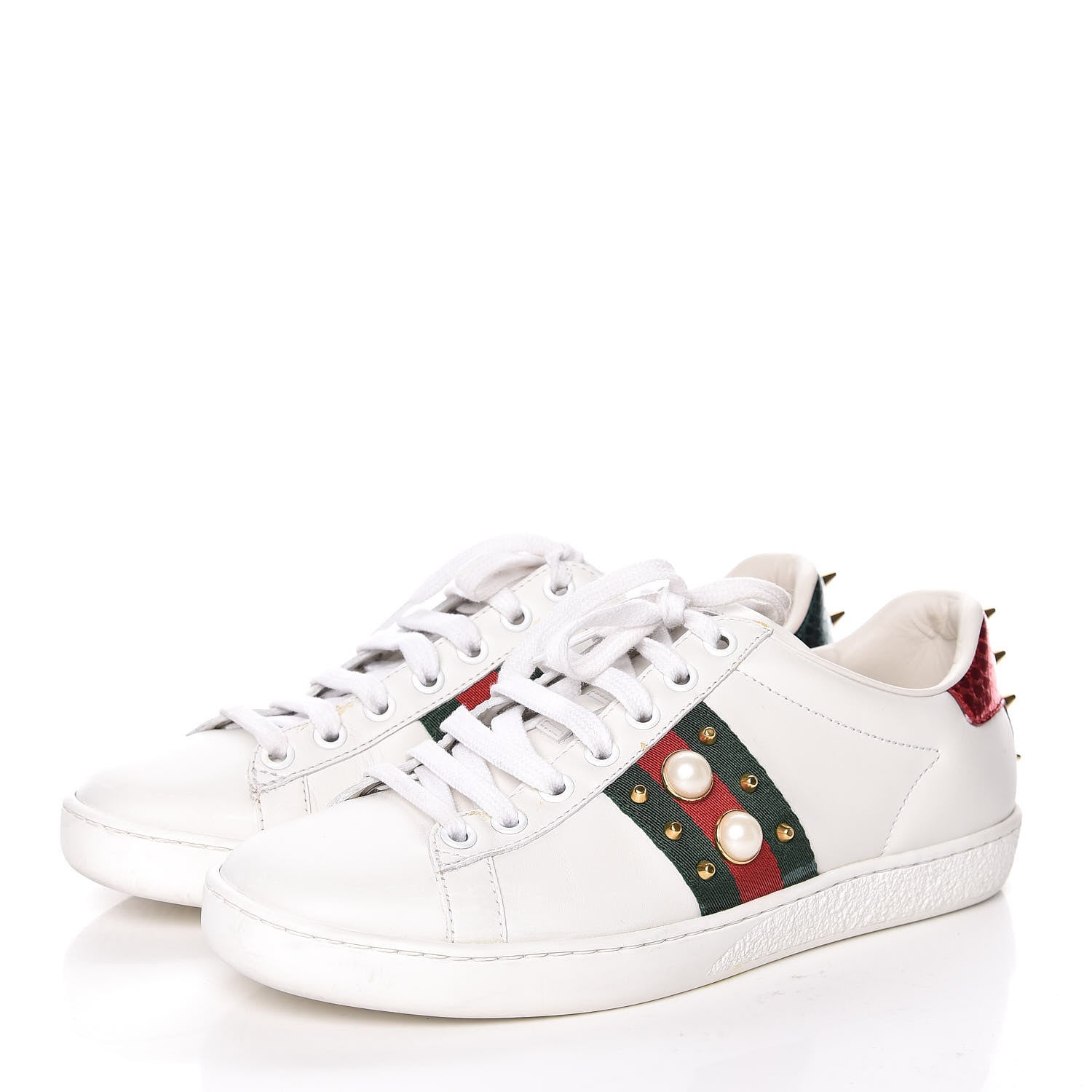 Gucci Calfskin Web Pearl Studded Womens Ace Sneakers 36 White 3 of 22