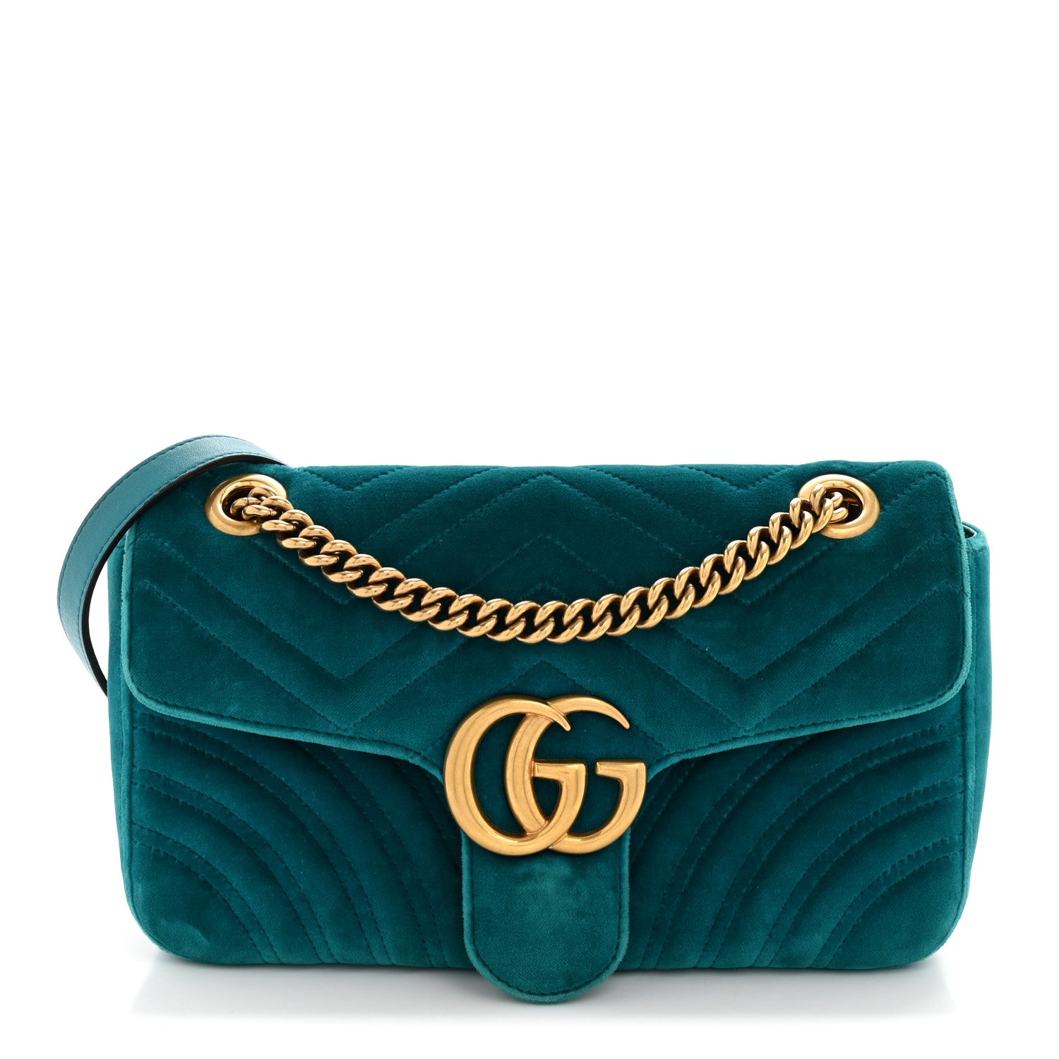 Gucci Velvet Matelasse Small GG Marmont Shoulder Bag Pavone Cyan 1 of 14