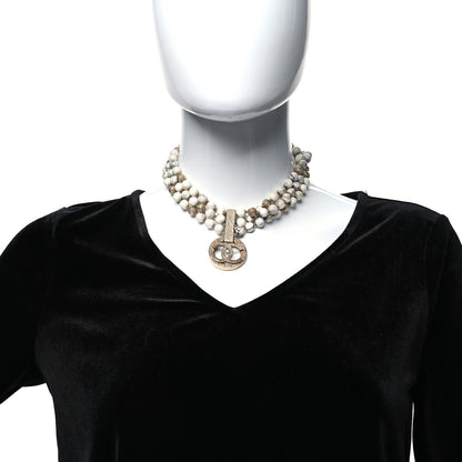 Chanel Metal Marble CC Pendant Choker Necklace Gold White 2 of 6