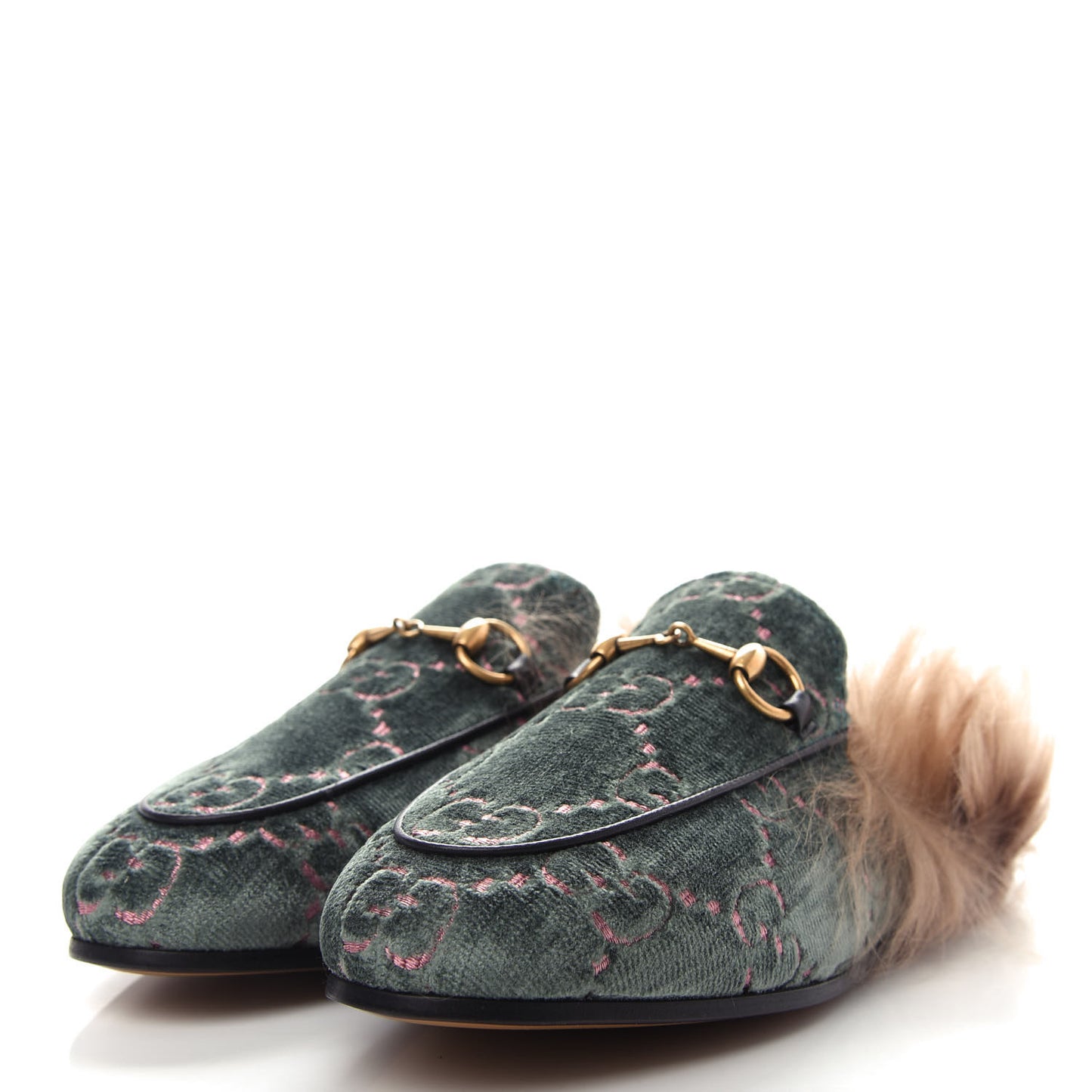 Velvet GG Monogram Fur Womens Princetown Slippers 35.5 Avio Dusty Pink