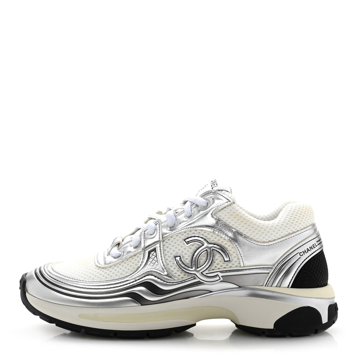 Chanel Fabric Laminated Calfskin Stretch CC Sneakers 38 White Silver 1 of 10