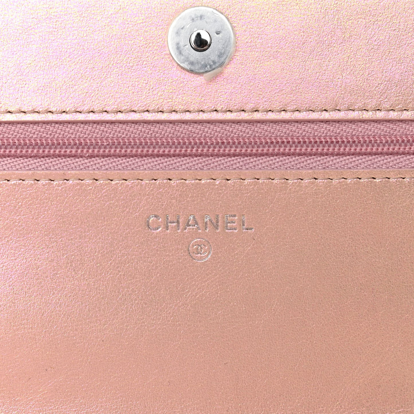 Iridescent Calfskin Quilted Wallet On Chain WOC Pink