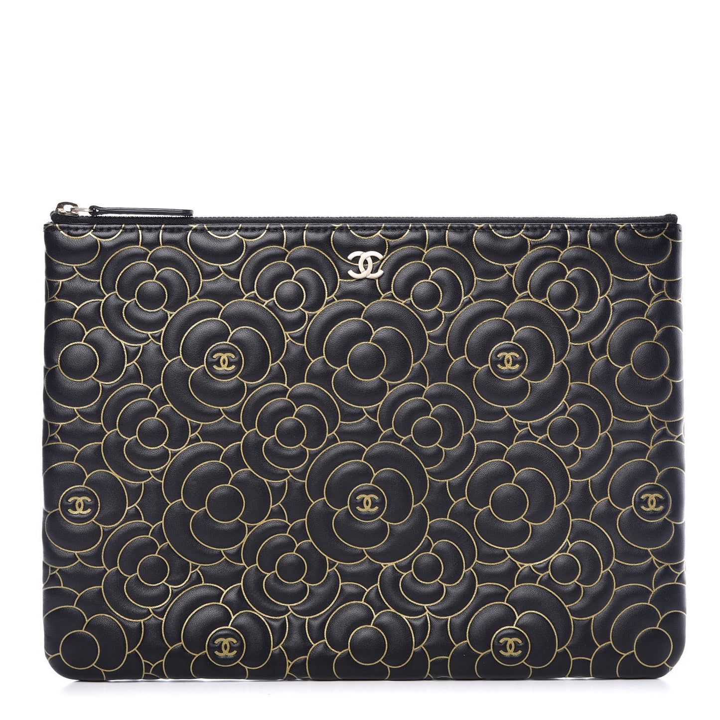 Lambskin Camellia Embossed Medium Cosmetic Case Black Gold