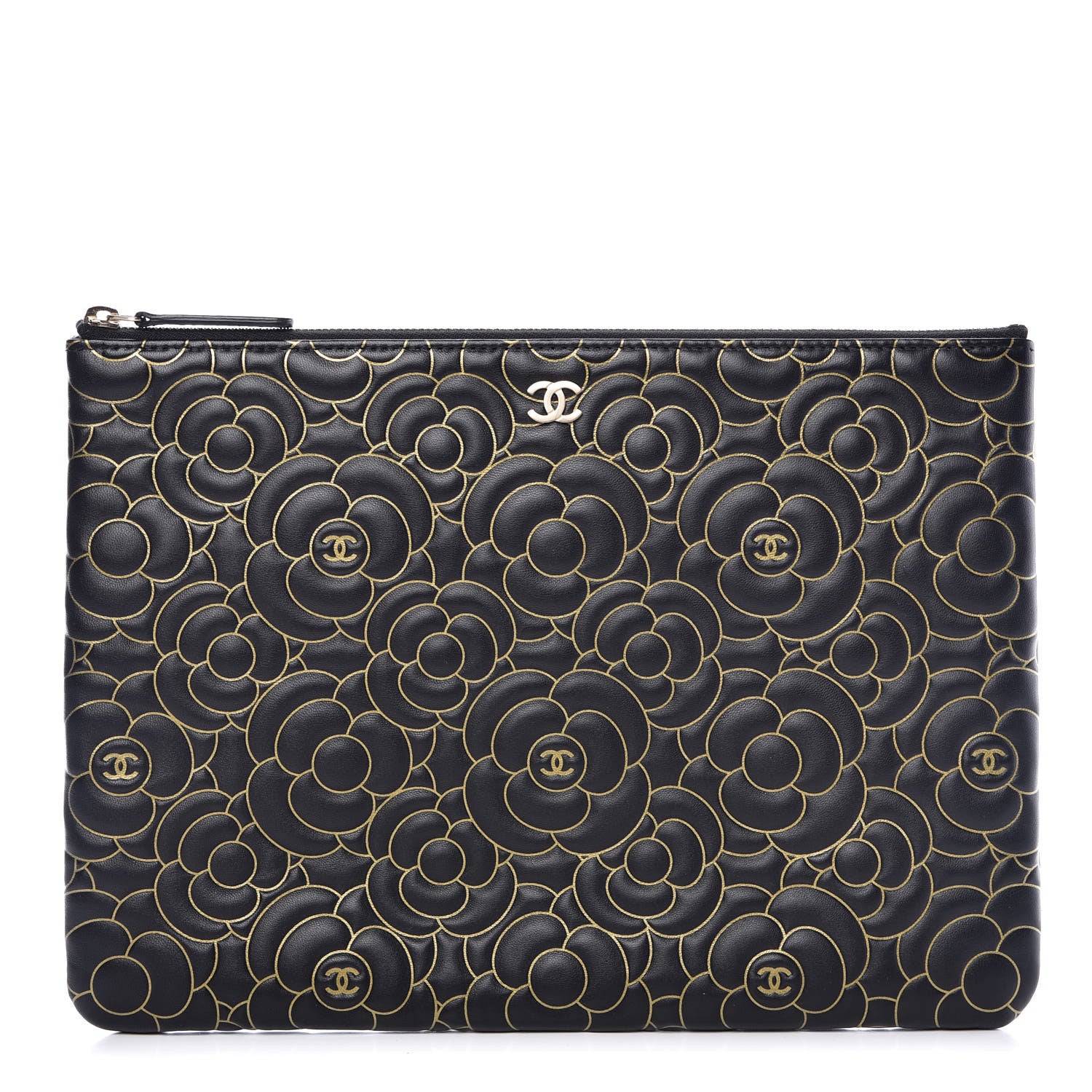Chanel Lambskin Camellia Embossed Medium Cosmetic Case Black Gold 1 of 10