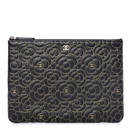 Chanel Lambskin Camellia Embossed Medium Cosmetic Case Black Gold 1 of 10