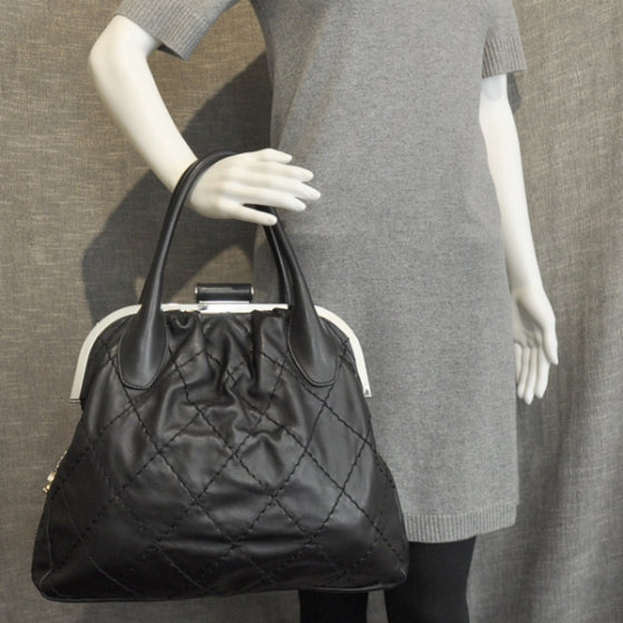 Lambskin Expandable Stitched Frame Top Bag Black