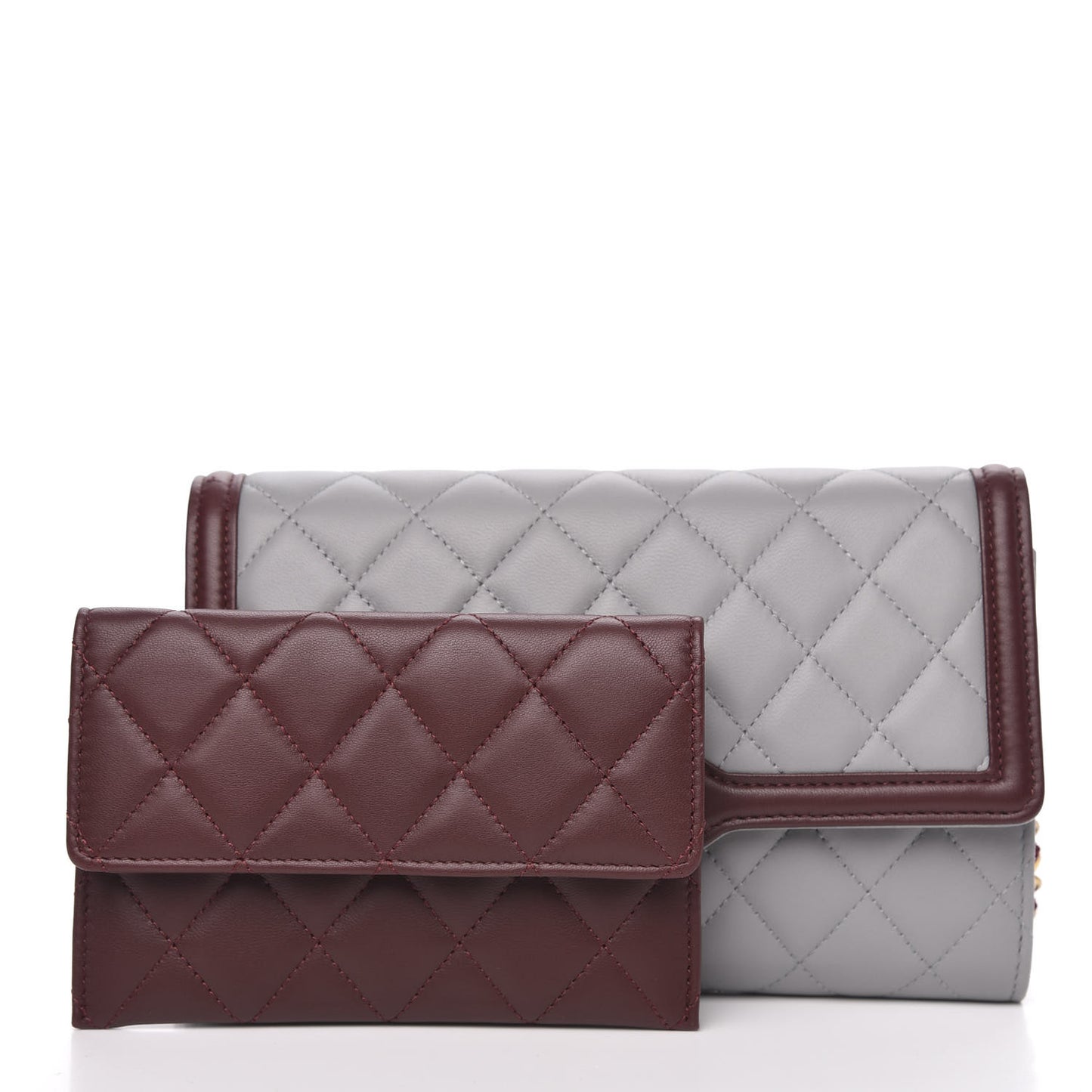 Lambskin Quilted Wallet With Removable Chain Grey Burgundy