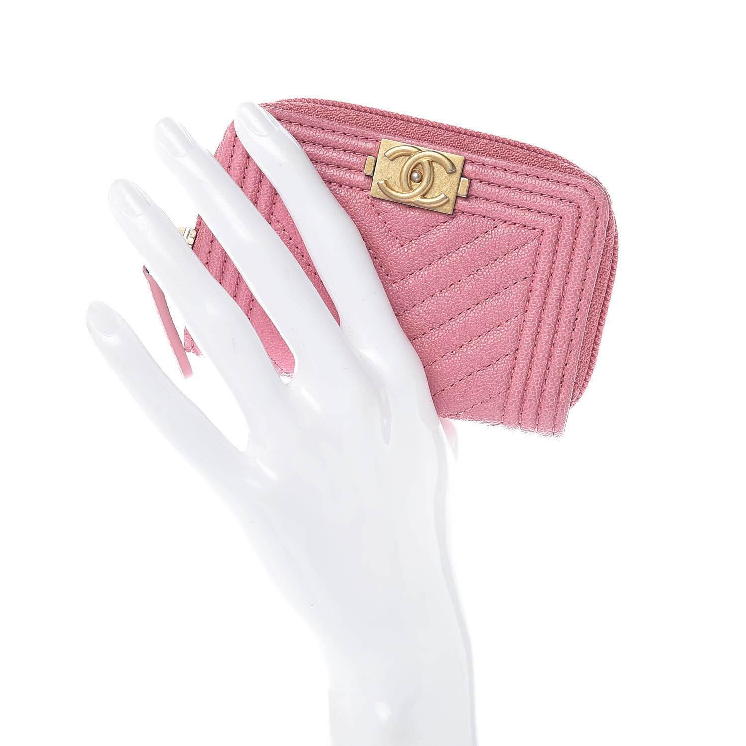 Chanel Caviar Chevron Quilted Boy Zip Around Coin Purse Wallet Dark Pink 2 of 8