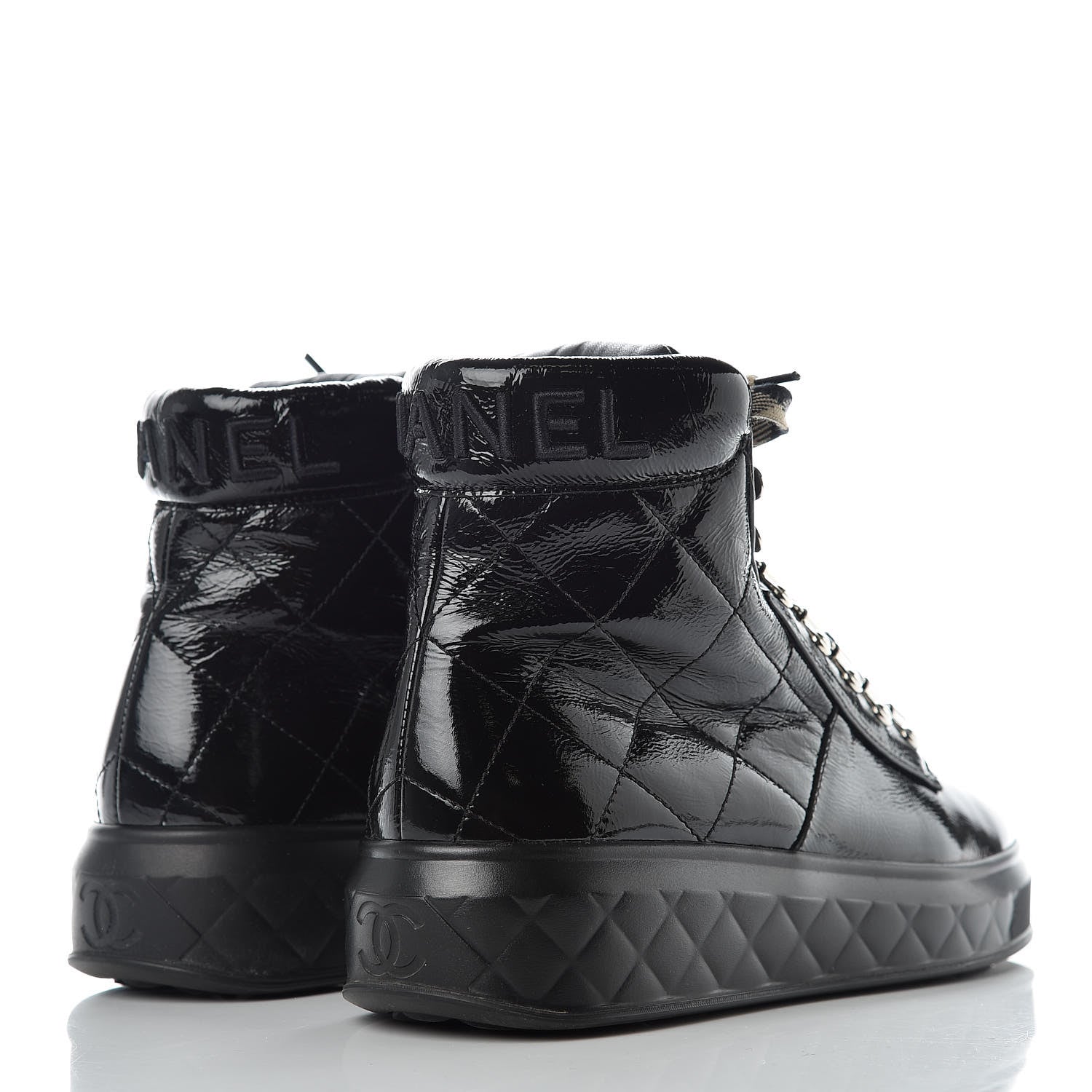 Chanel Patent Calfskin Quilted Womens High Top Sneakers 37.5 Black 4 of 10