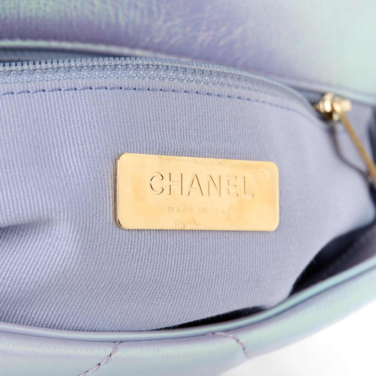 Iridescent Calfskin Quilted Medium Chanel 19 Flap Light Purple Blue