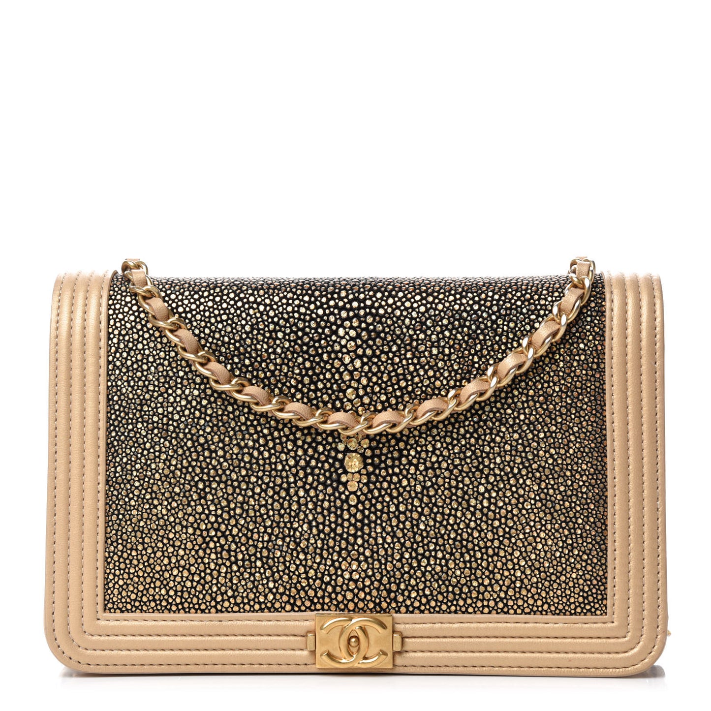 Metallic Galuchat Stingray Lambskin Boy Wallet On Chain WOC Gold