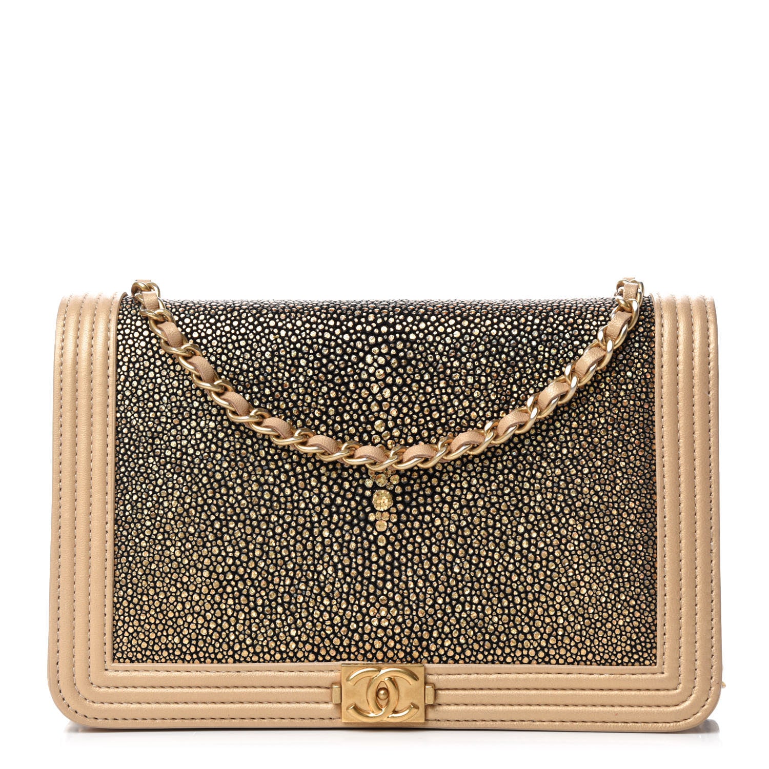 Chanel Metallic Galuchat Stingray Lambskin Boy Wallet On Chain WOC Gold 1 of 15