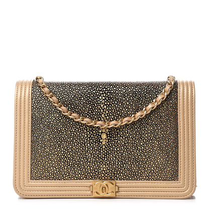 Chanel Metallic Galuchat Stingray Lambskin Boy Wallet On Chain WOC Gold 1 of 15