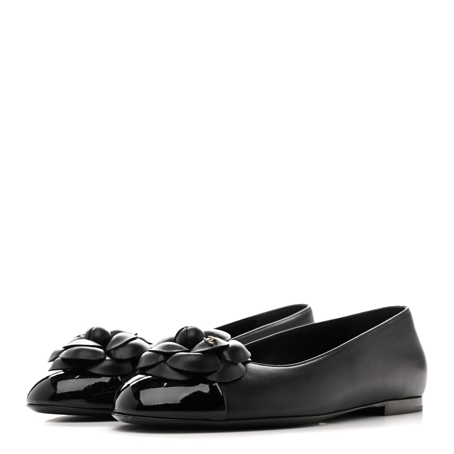 Chanel Lambskin Patent Cap Toe Camellia Ballerina Flats 38 Black