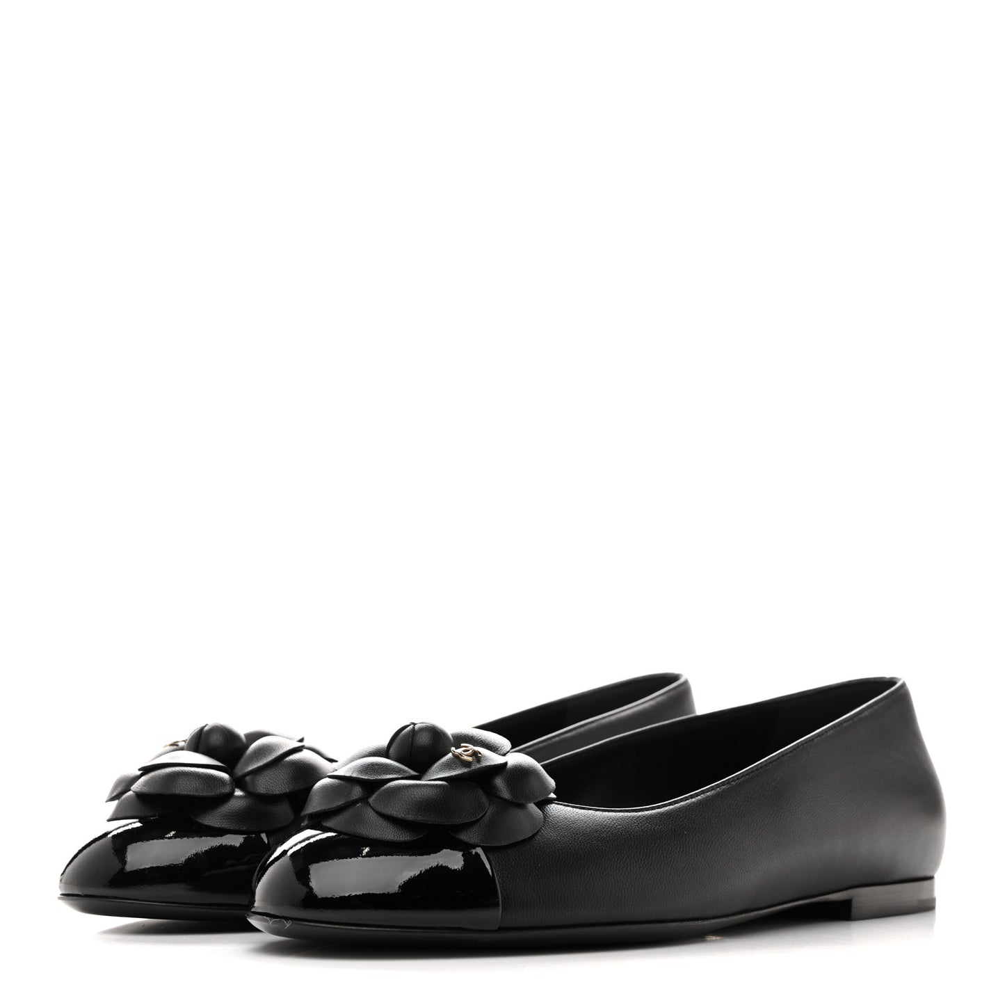 Lambskin Patent Cap Toe Camellia Ballerina Flats 38 Black