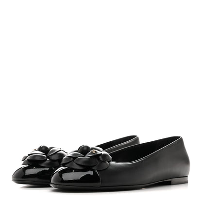 Chanel Lambskin Patent Cap Toe Camellia Ballerina Flats 38 Black 4 of 10