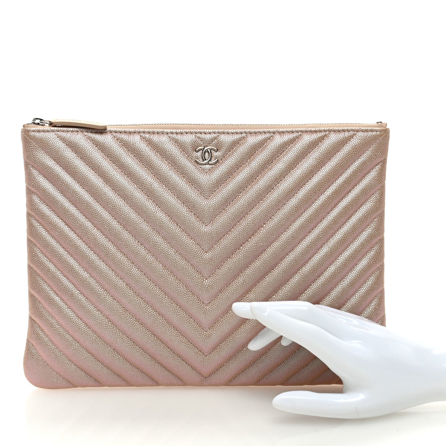 Iridescent Caviar Chevron Quilted Medium Cosmetic Case Light Gold