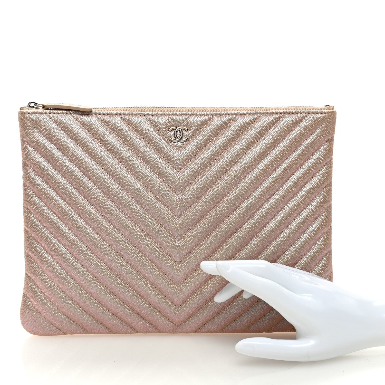 Chanel Iridescent Caviar Chevron Quilted Medium Cosmetic Case Light Gold 2 of 7