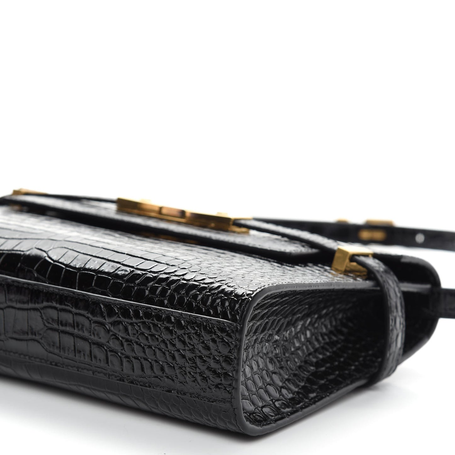 Shiny Calfskin Crocodile Embossed Small Manhattan Baguette Black