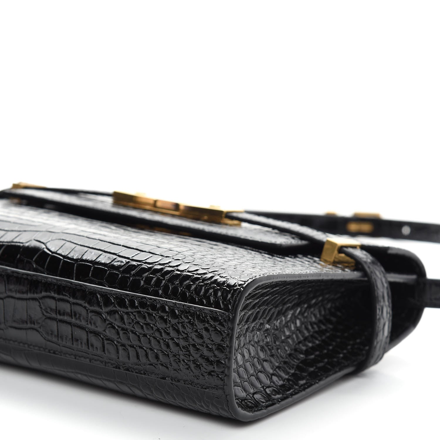 Saint Laurent Shiny Calfskin Crocodile Embossed Small Manhattan Baguette Black 7 of 7