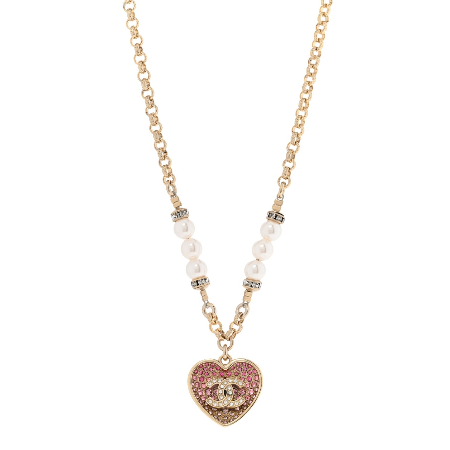 Resin Crystal Pearl Chain Heart CC Drop Necklace Pink White Gold