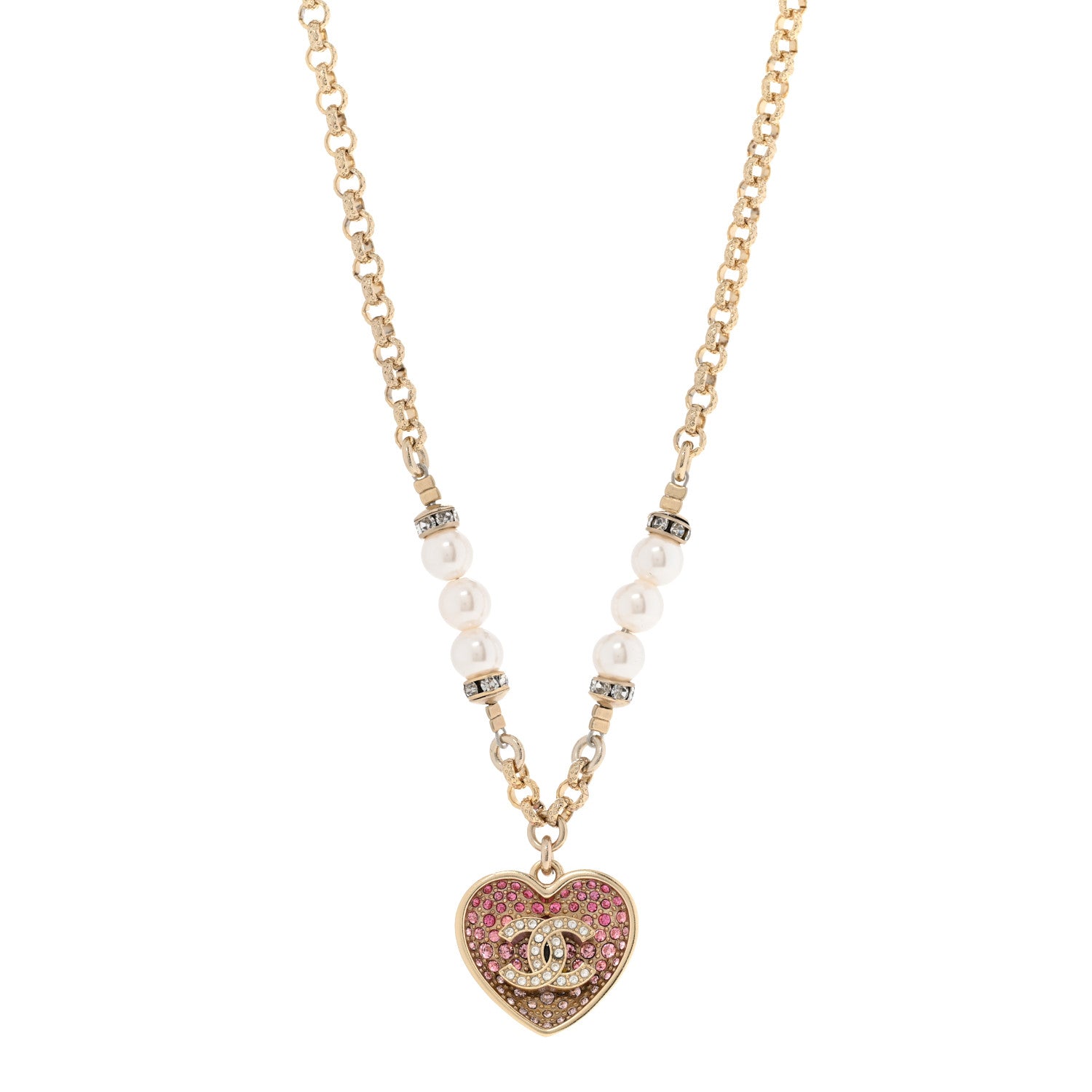 Chanel Resin Crystal Pearl Chain Heart CC Drop Necklace Pink White Gold 3 of 9