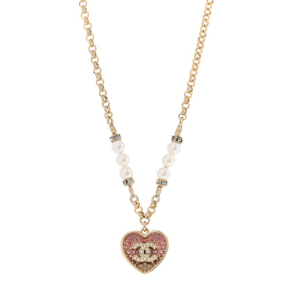 Chanel Resin Crystal Pearl Chain Heart CC Drop Necklace Pink White Gold 3 of 9