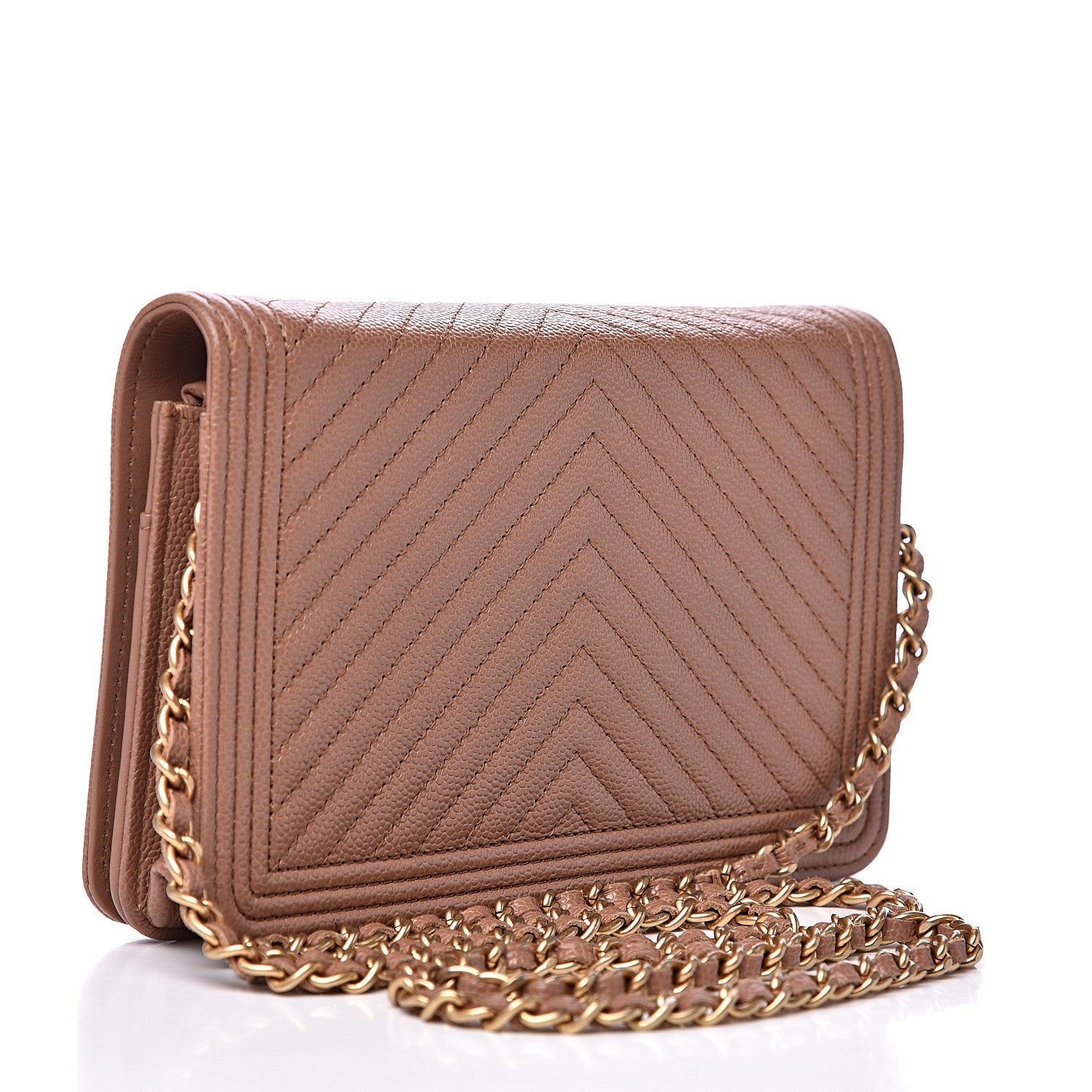 Chanel Caviar Chevron Quilted Boy Wallet On Chain WOC Dark Beige 2 of 12