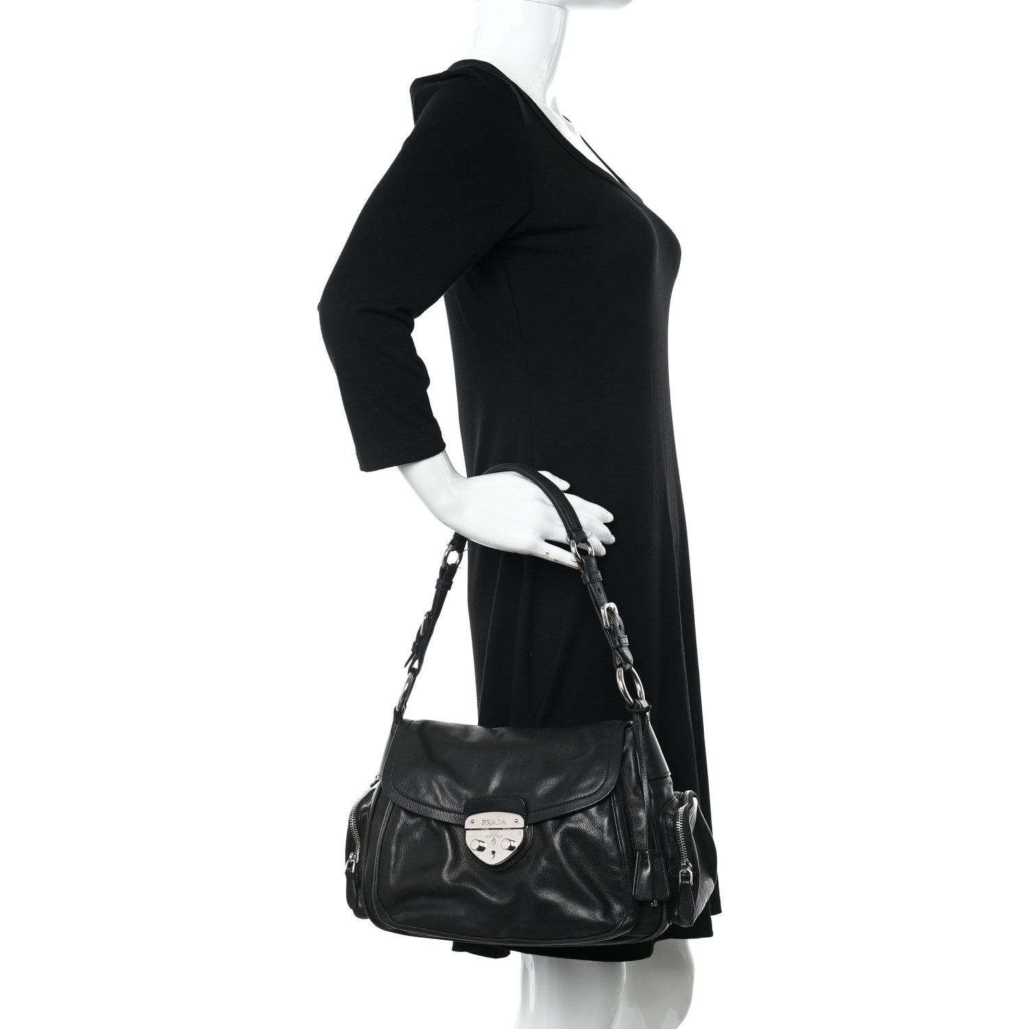 Prada Cervo Antik Easy A Foldover Pushlock Flap Shoulder Bag Black 2 of 12