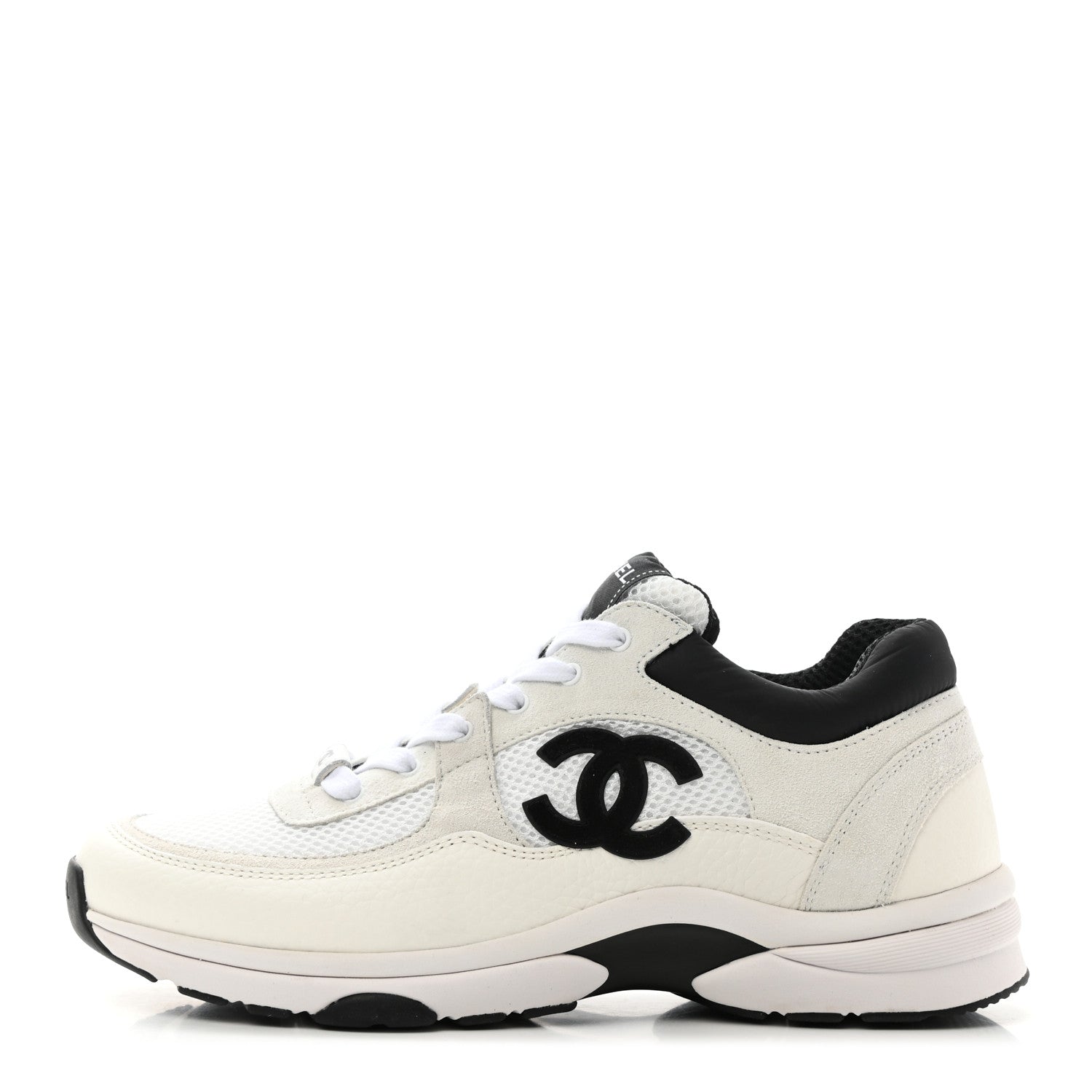 Chanel Mesh Suede Calfskin Grained Calfskin Womens CC Sneakers 40.5 White Black 1 of 9