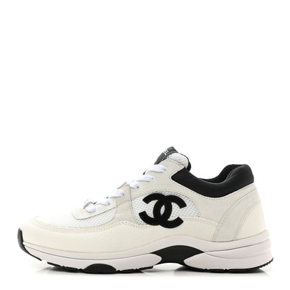 Chanel Mesh Suede Calfskin Grained Calfskin Womens CC Sneakers 40.5 White Black 1 of 9
