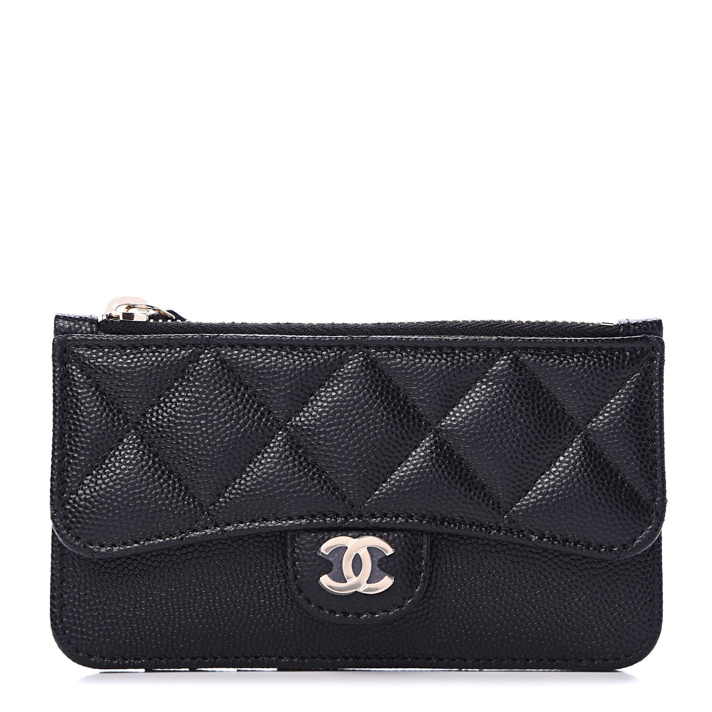 Caviar Quilted Flap Zip Card Holder Black