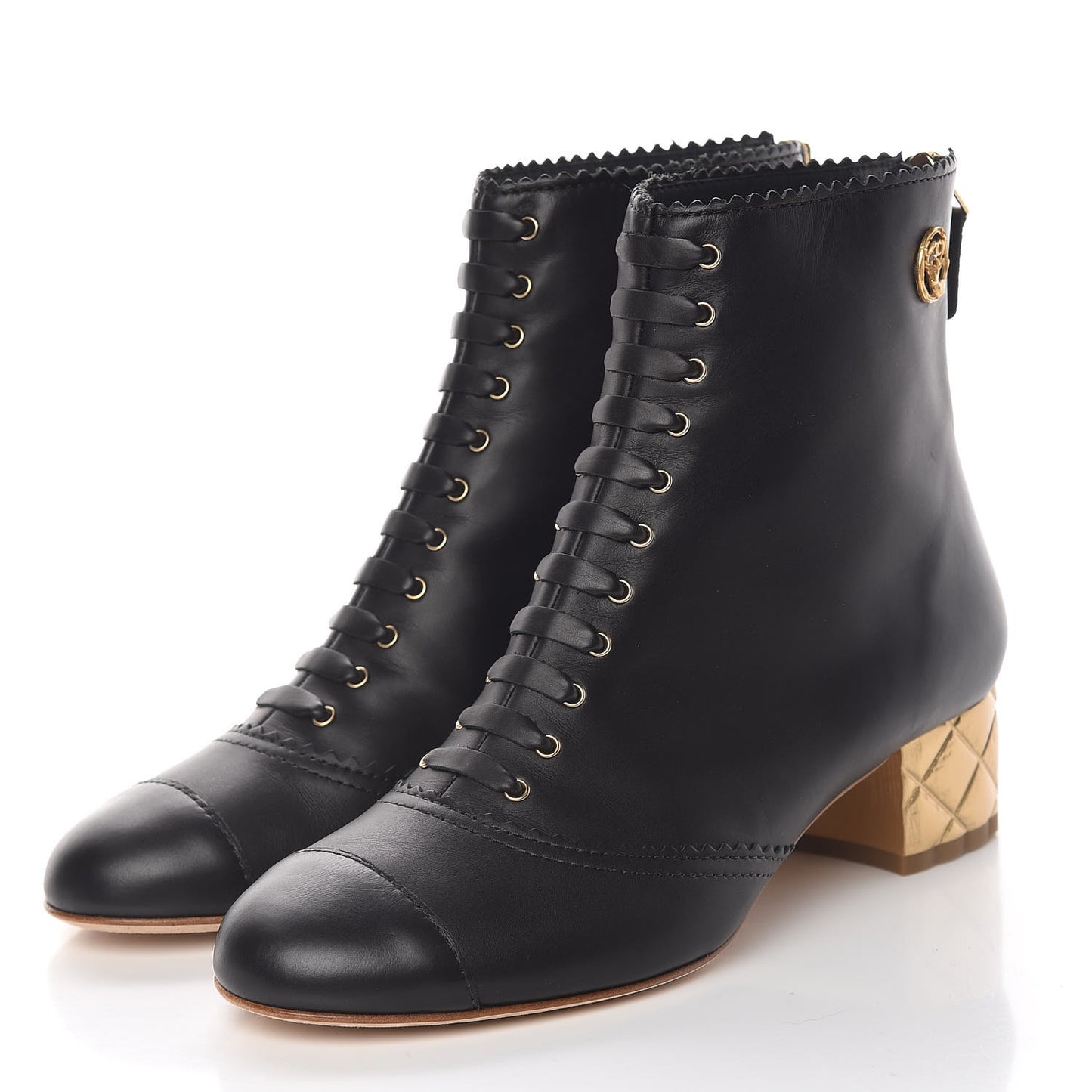 Calfskin Lace Up Short Boots 37 Black Gold