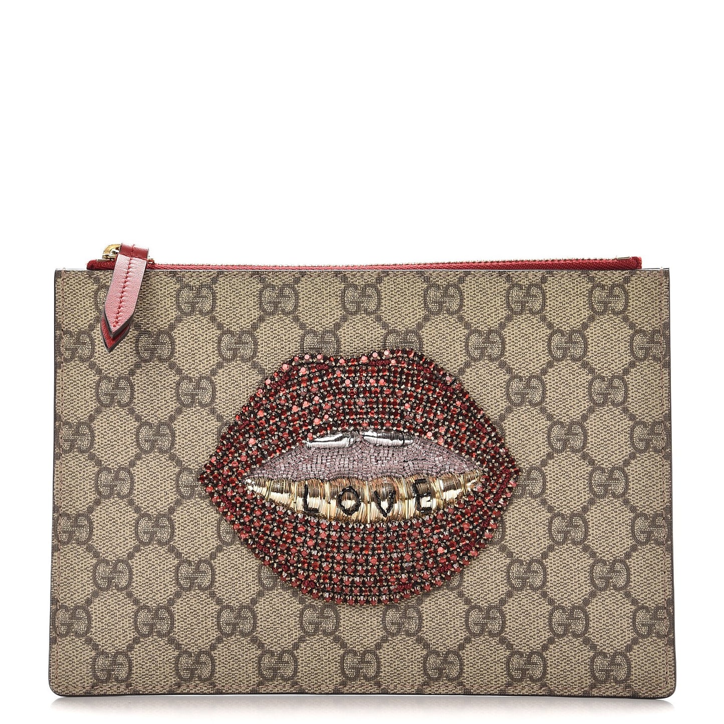 GG Supreme Monogram Merveilles Lips Zip Pouch Hibiscus Red