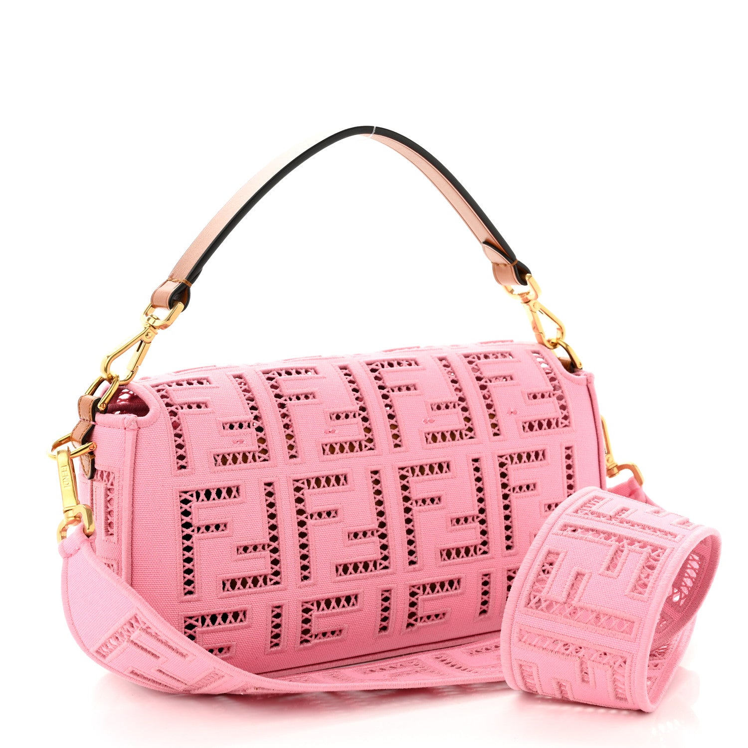 Fendi Canvas Cuoio Agata FF Ajour Embroidered Baguette Ciclamino Cuoio 3 of 9