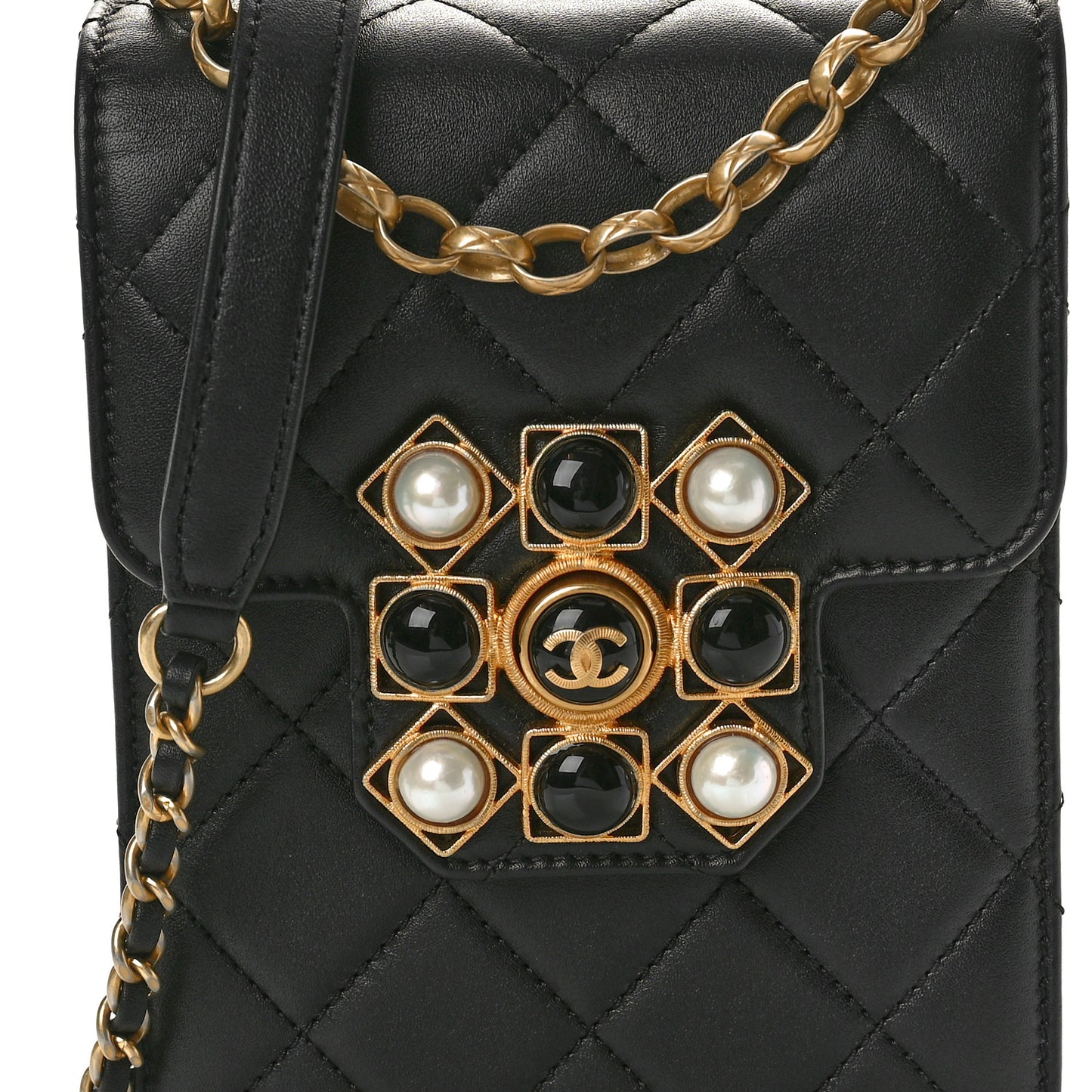 Calfskin Quilted Resin Pearl North South Flap Bag Black