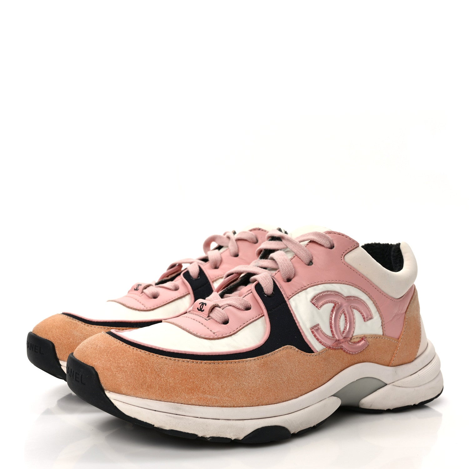 Chanel Nylon Lambskin Suede Calfskin CC Sneakers 40 Pink White Black 3 of 9