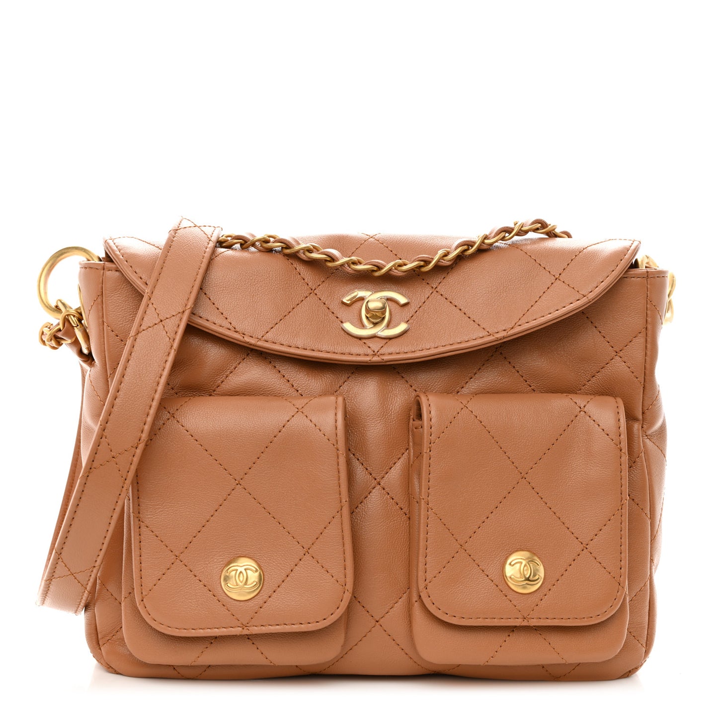 Shiny Calfskin Quilted Small Supple Twins Hobo Bag Brown