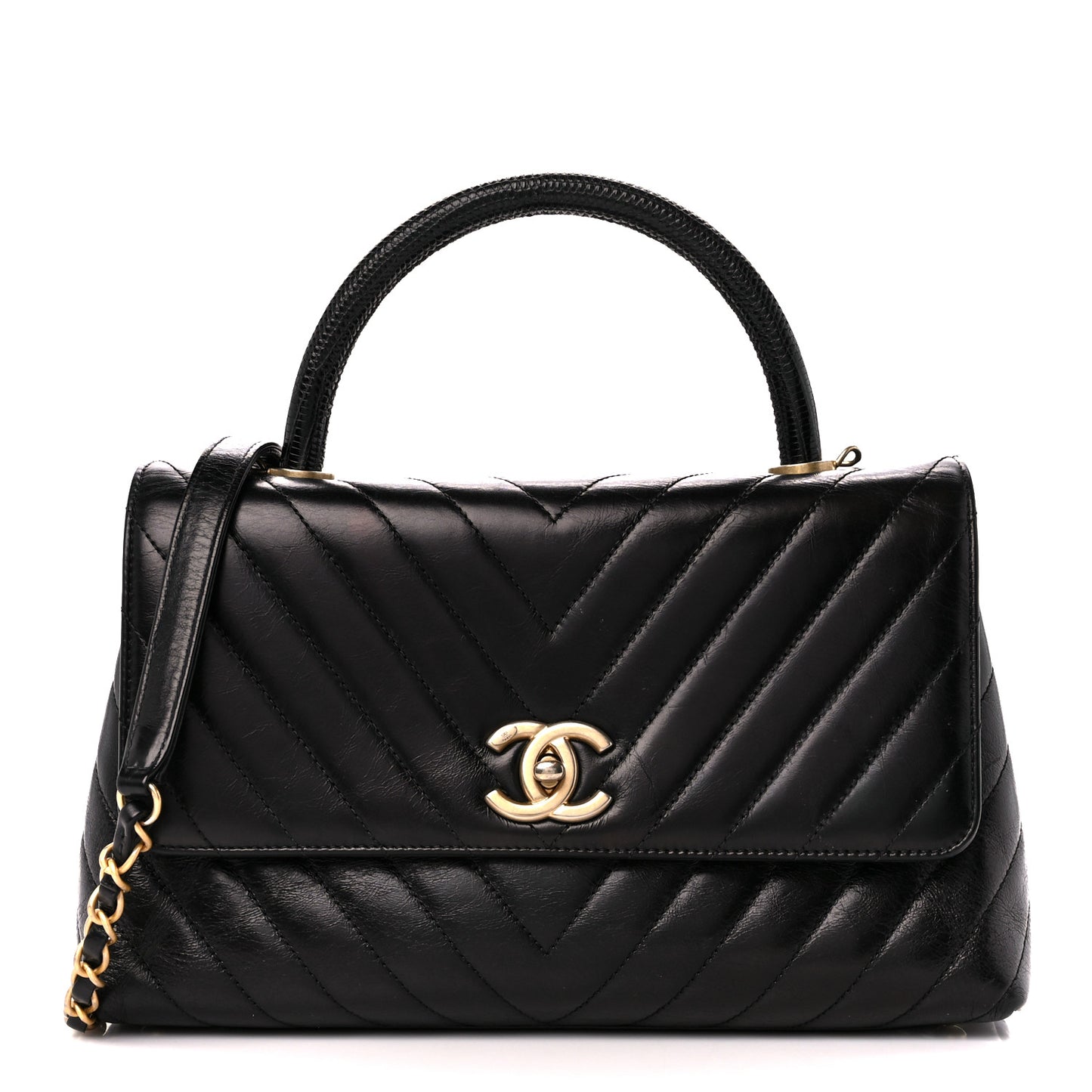 Glazed Calfskin Lizard Chevron Quilted Small Coco Handle Flap Black