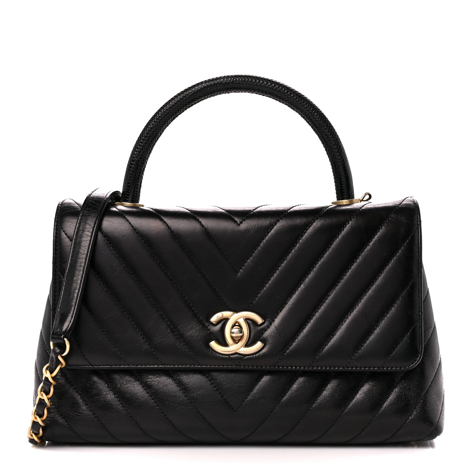 Chanel Glazed Calfskin Lizard Chevron Quilted Small Coco Handle Flap Black 1 of 11