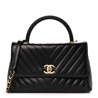Chanel Glazed Calfskin Lizard Chevron Quilted Small Coco Handle Flap Black 1 of 11