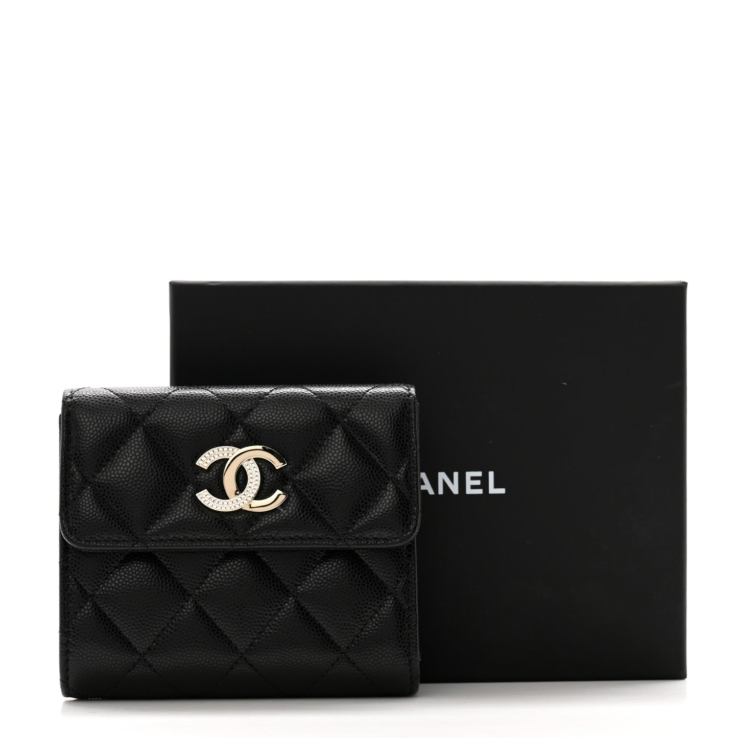 Caviar Crystal Quilted Small Flap Wallet Black