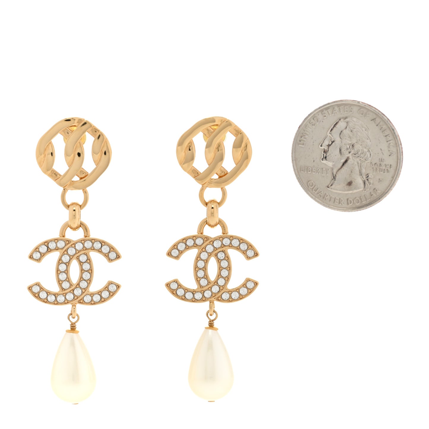 Metal Crystal Pearl CC Drop Earrings Gold White