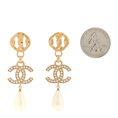 Chanel Metal Crystal Pearl CC Drop Earrings Gold White 2 of 5